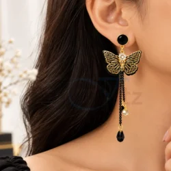 Black and gold butterfly drop earrings
